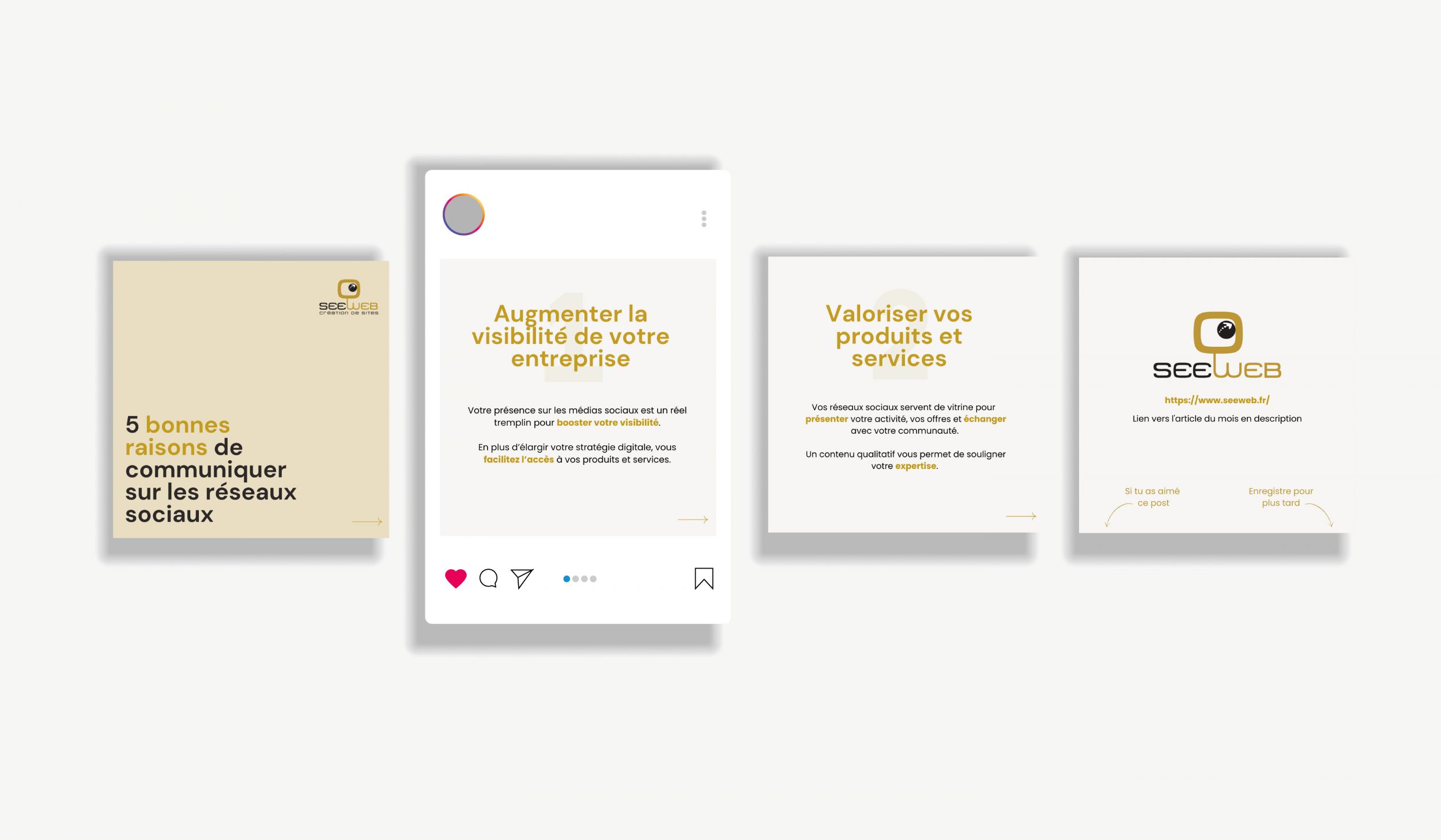 Carrousel Instagram traitant le sujet de visibilité sur les réseaux sociaux